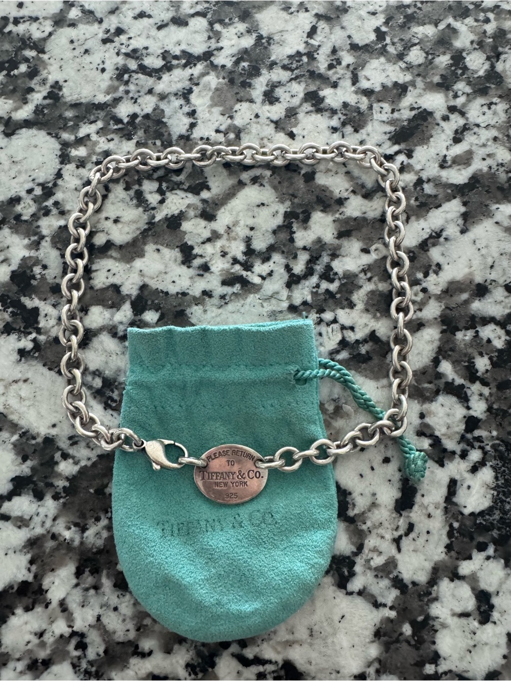 Tiffany & Co. Silver Chain Necklace with Oval Return Tag and Tiffany Blue Pouch